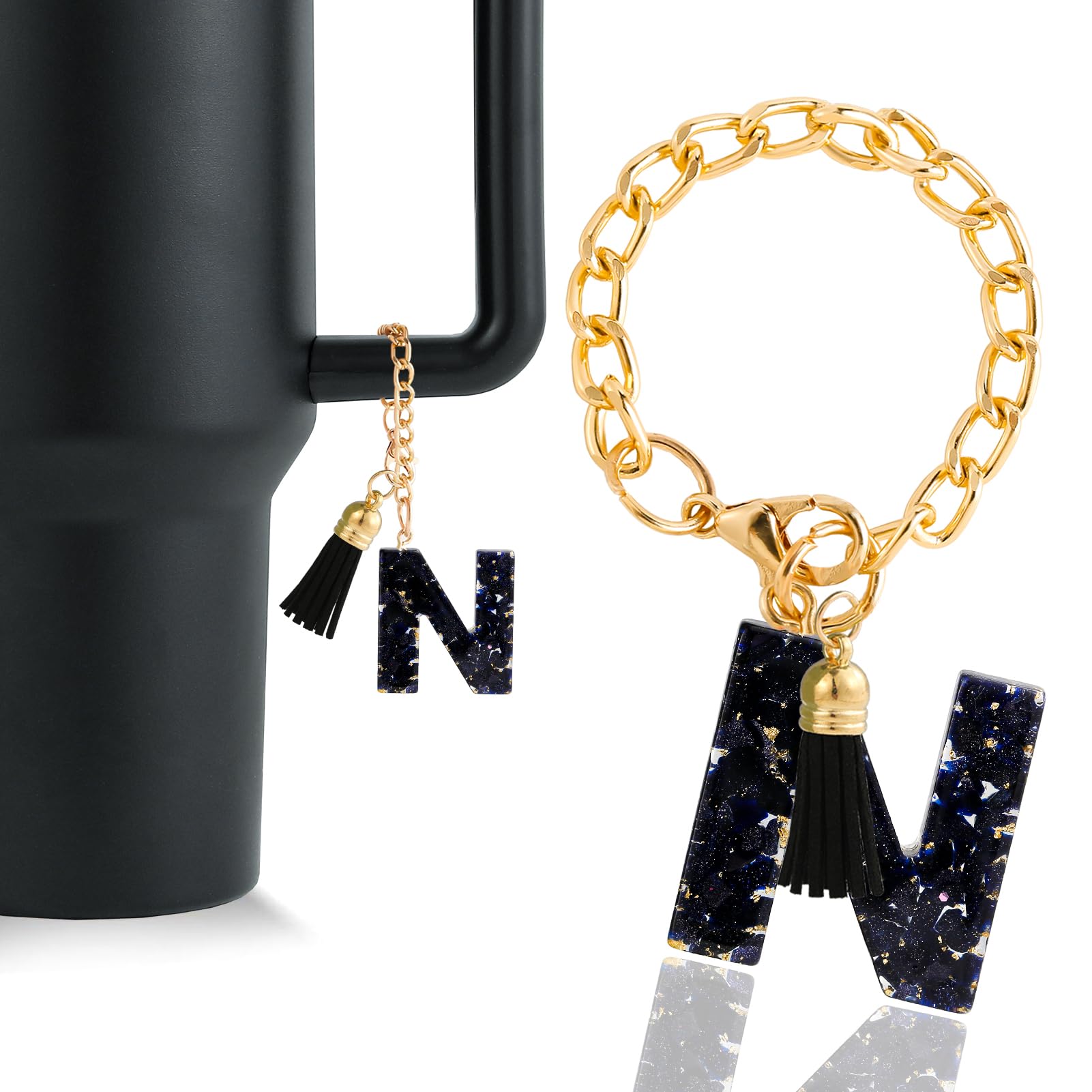 Letter Charm Accessories for Stanley Cup 1 PCS Cute Initial Keychain Handle Charm for Stanley Tumbler for Women Black Letter N