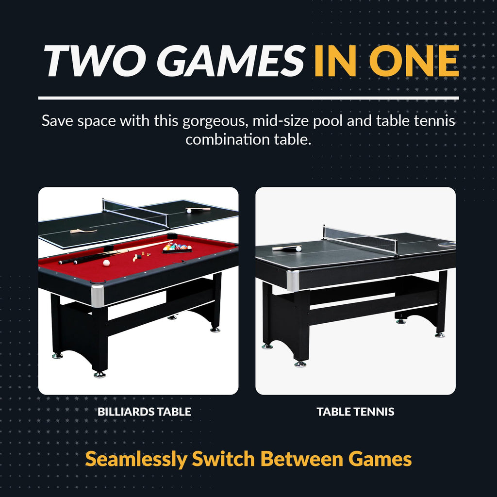 Spartan 6-Ft Pool Table With Table Tennis Top - Black With Red Felt