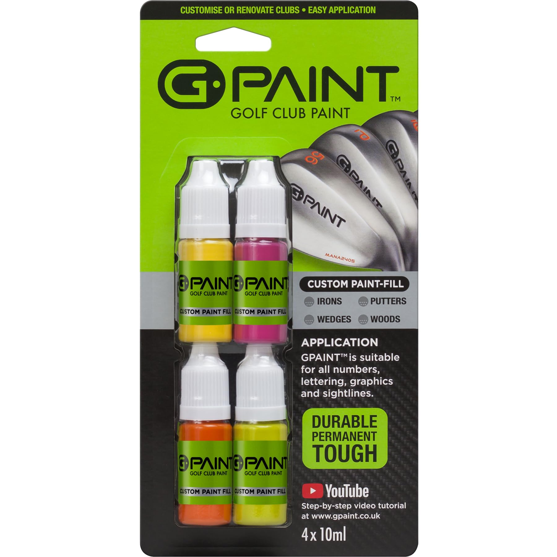 G-Paint Golf Club Paint - Touch Up, Fill in, Customize or Renovate Your Clubs - 4 Pack of 10ml Bottles. Yellow, Pink, Orange & G