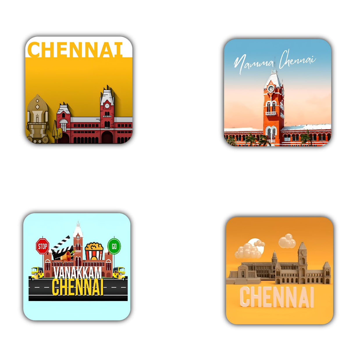 ISEE 360 Chennai Combo Set of 4 Fridge Magnet Gift Decors for KitchenRefrigerator Home Office Doors Multicolor Souvenir Gift L X