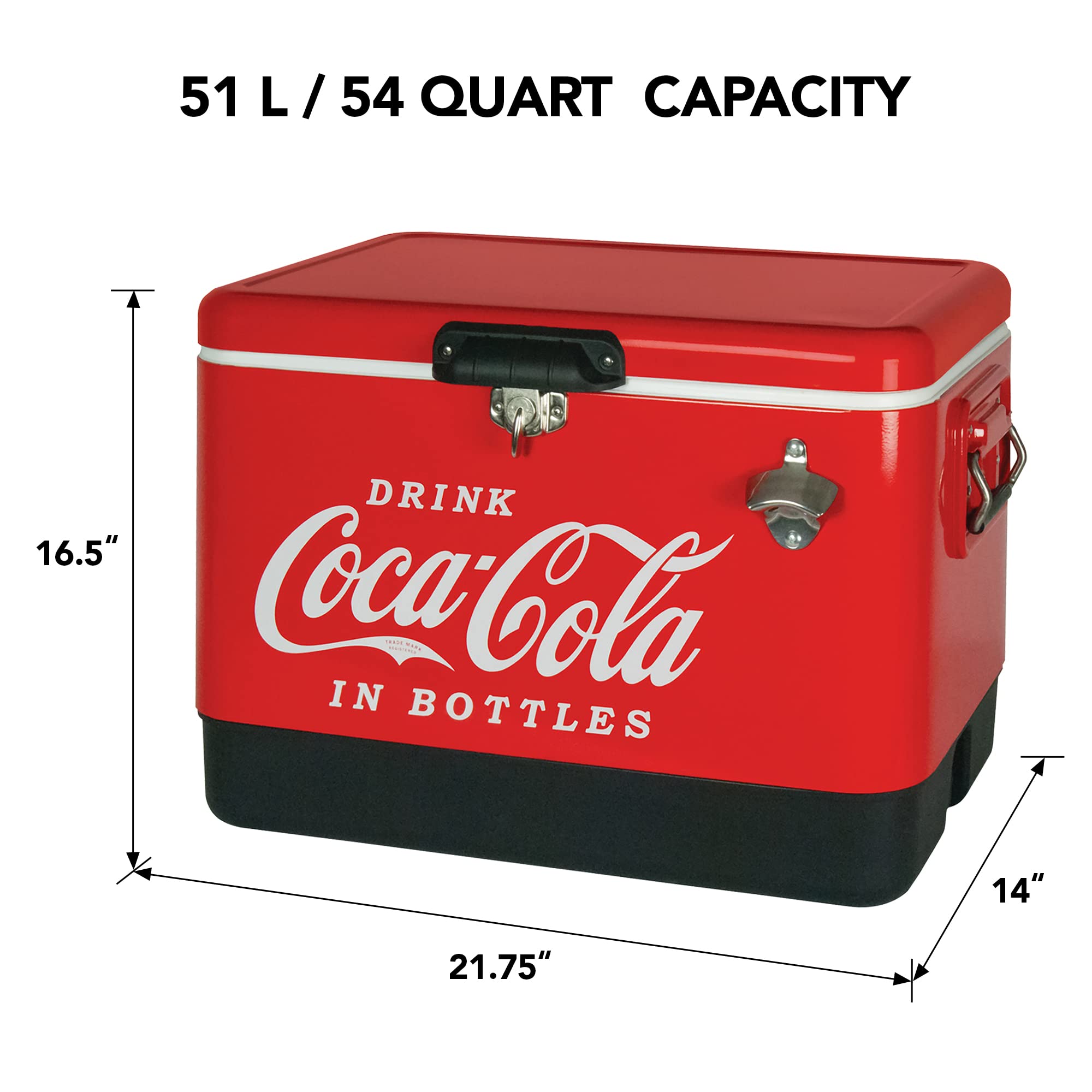 Coca-Cola Ice Chest Beverage Cooler With Bottle Opener, 51L (54 Qt), 85 Can Capacity Portable Cooler, Red And Black, For Camping