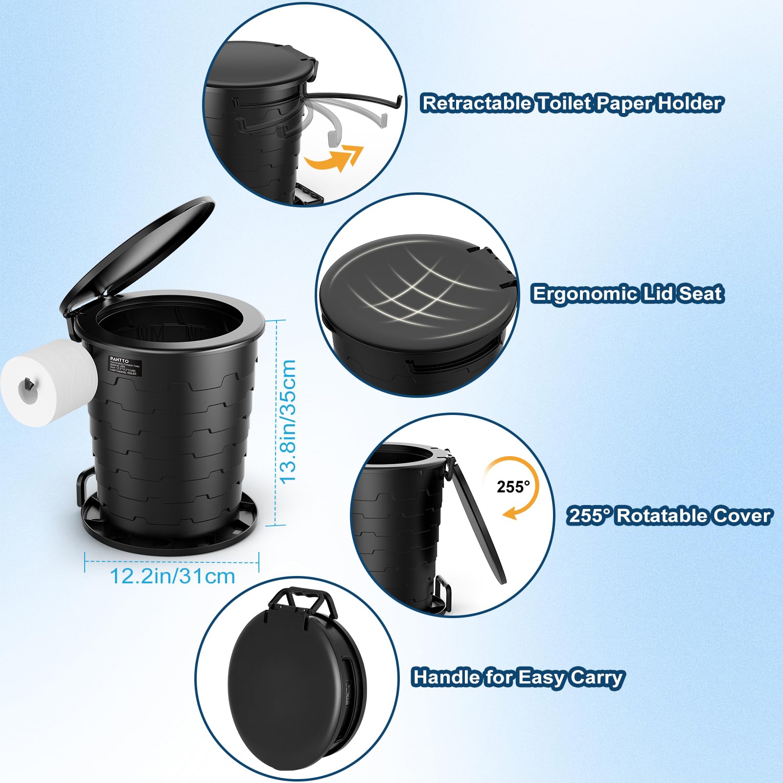 Pahtto Portable Toilet For Adults, Retractable Porta Potty For Camping, Fishing, Rv Travel, Road Trips With Toilet Paper Holder