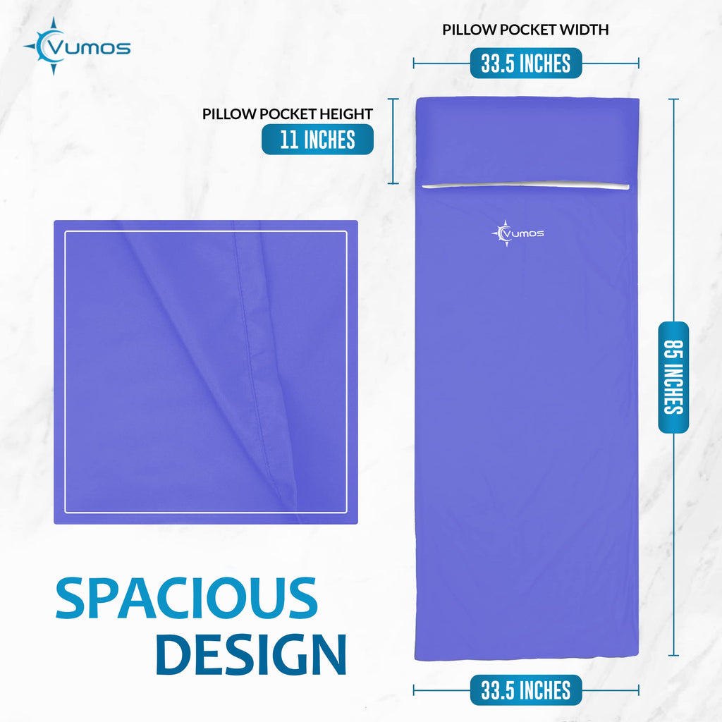 Vumos Sleeping Bag Liner And Camping Sheet - Silk Like Material For Travel - Has Full Length Zipper - Blue