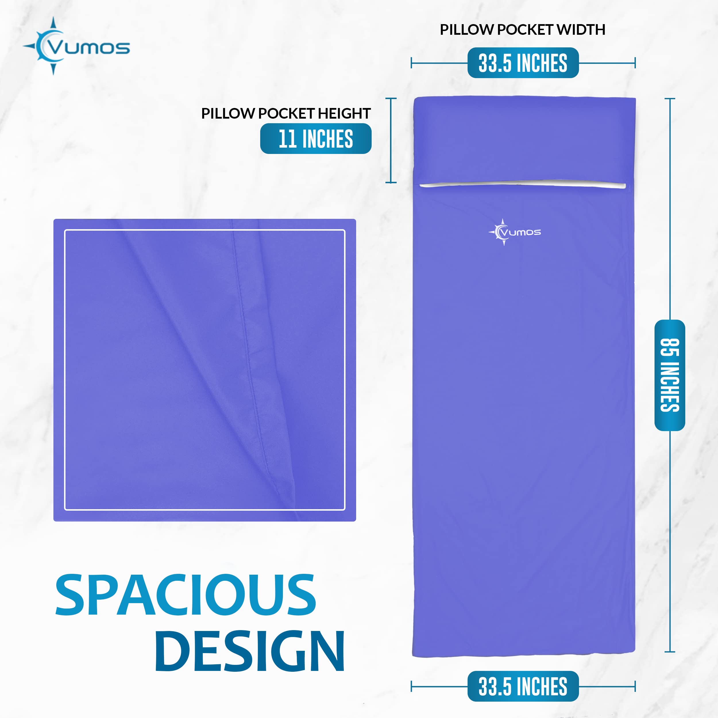 Vumos Sleeping Bag Liner And Camping Sheet - Silk Like Material For Travel - Has Full Length Zipper - Blue