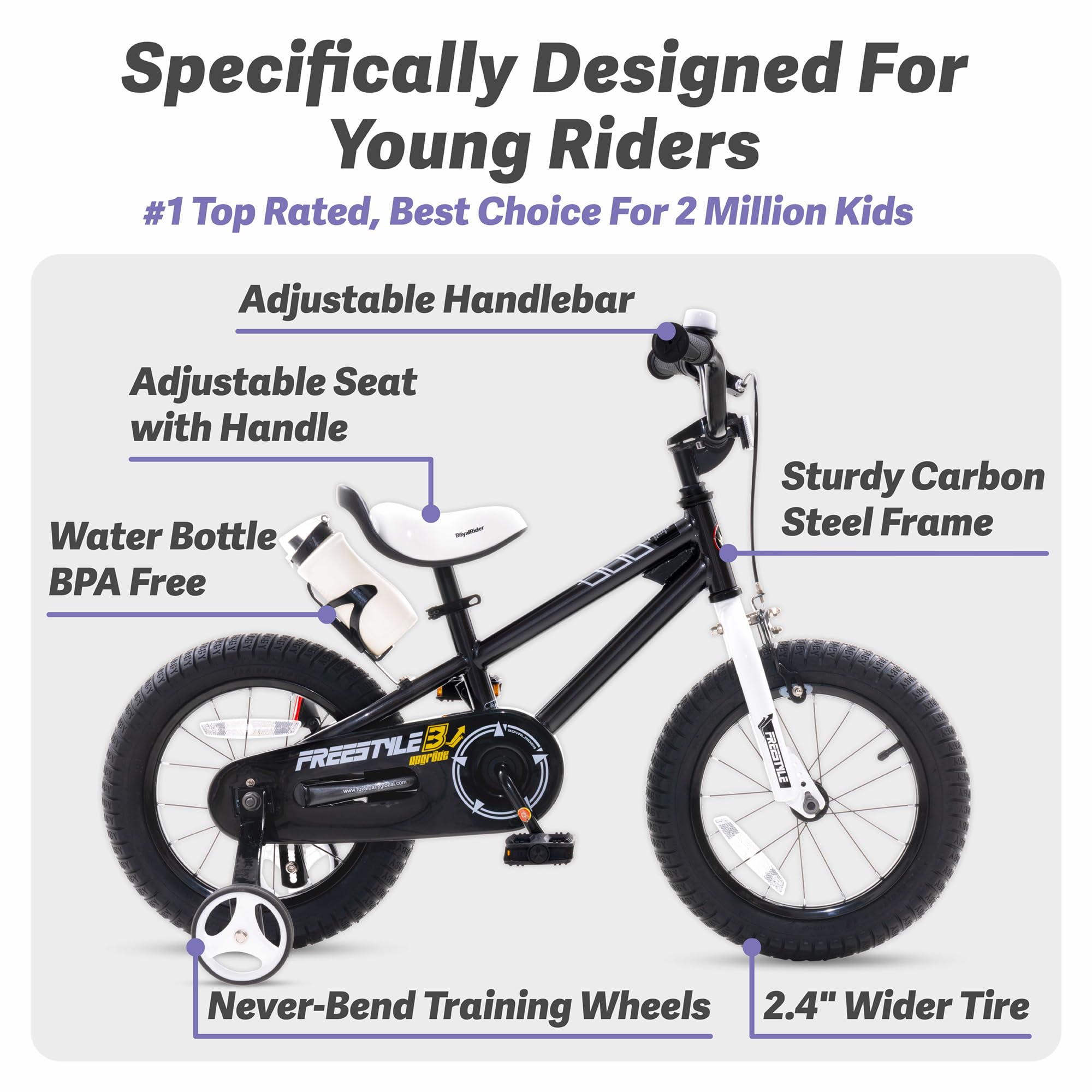 Royalbaby Freestyle Kids Bike 14 Inch Childrens Bicycle With Training Wheels Toddlers Boys Girls Beginners Ages 3-5 Years (Black