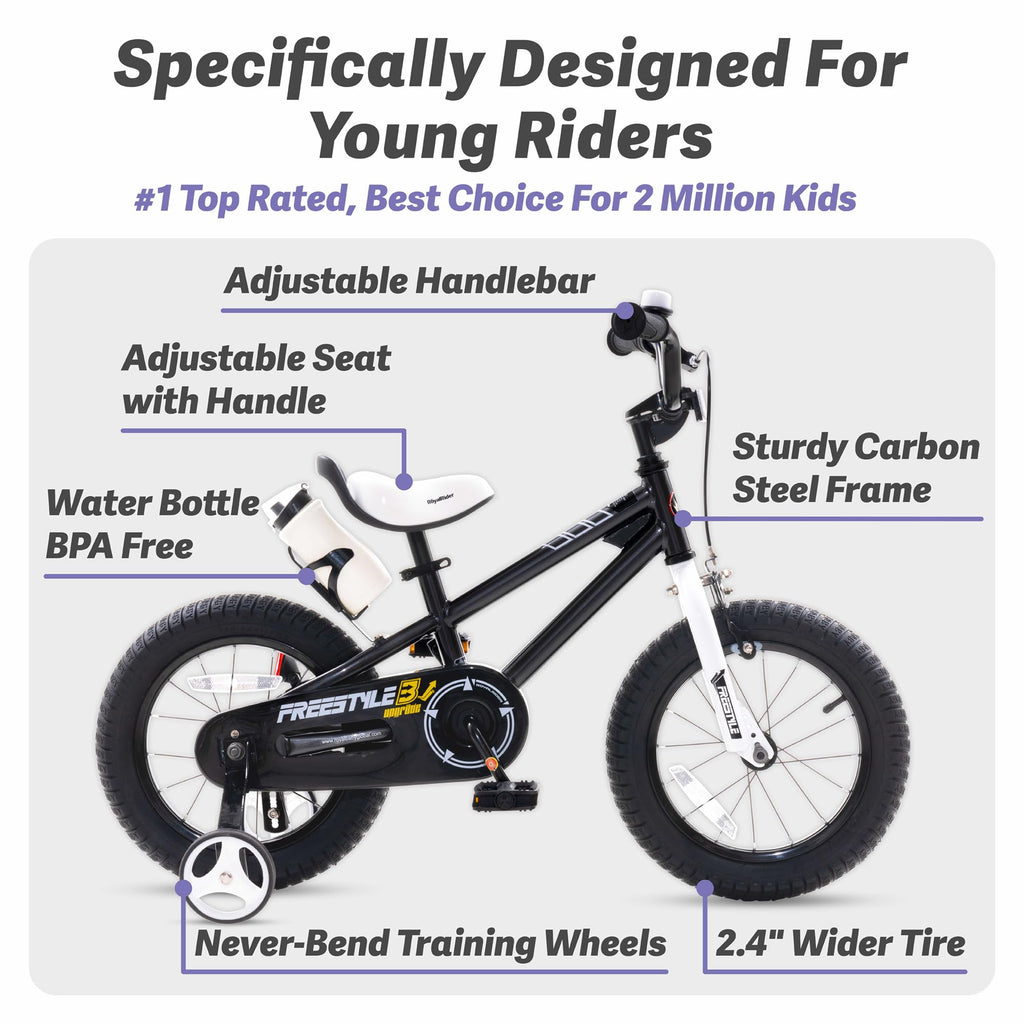 Royalbaby Freestyle Toddlers Bike 12 Inch Beginners Kids Bicycle With Training Wheels Ages 3-4 Years Boys Girls, Black