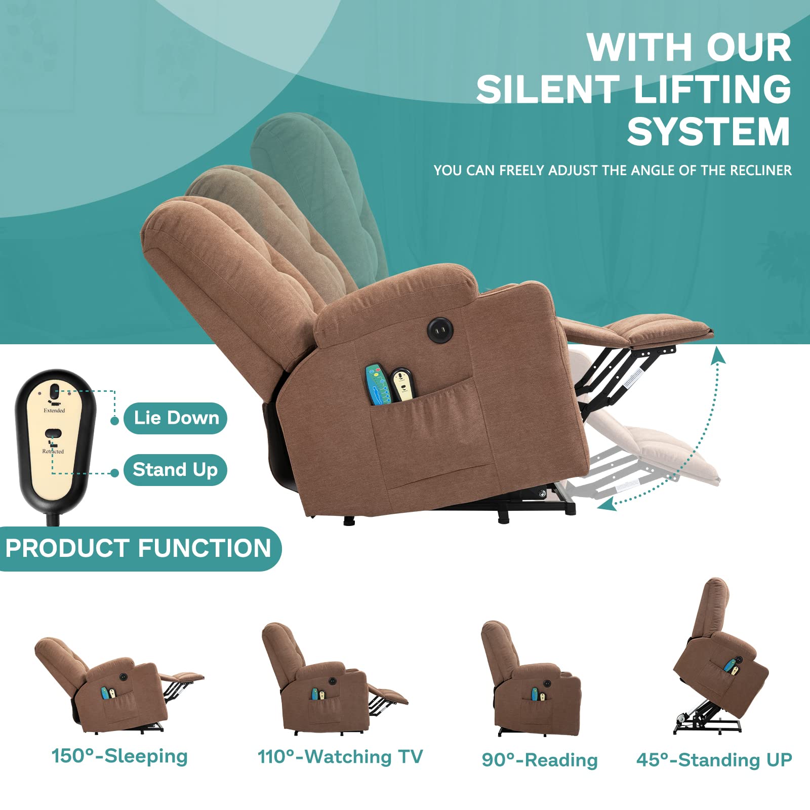 Meetwarm Power Lift Chair Electric Recliner For Elderly Heated Vibration Massage Soft Fabric Recliner Chair With 2 Remote Contro
