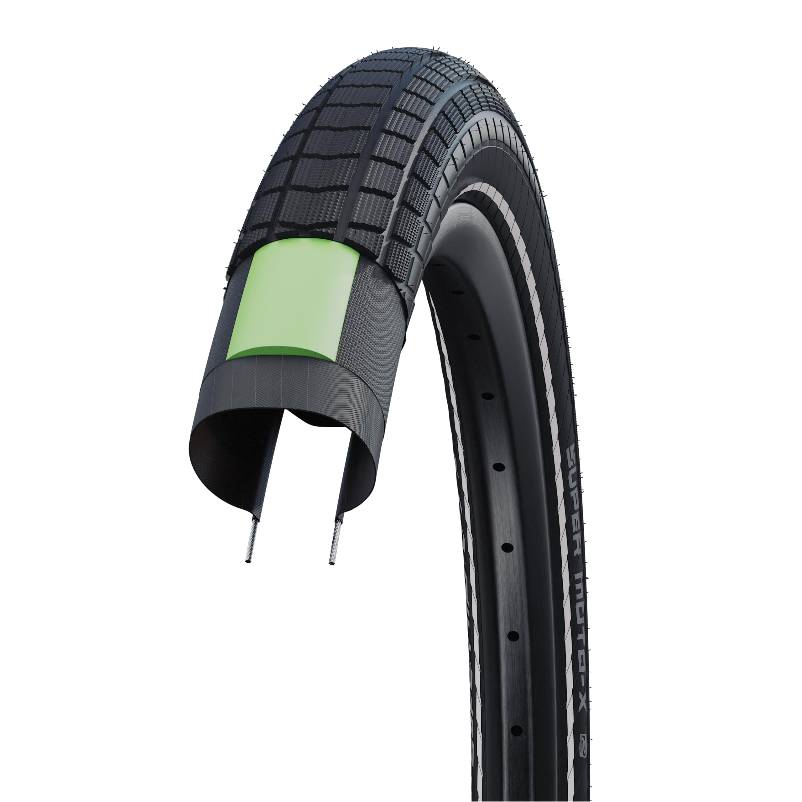 Schwalbe, Super Moto-X, Tire, 20''X2.40, Wire, Clincher, Dual, Greenguard, Snakeskin, 67Tpi, Black