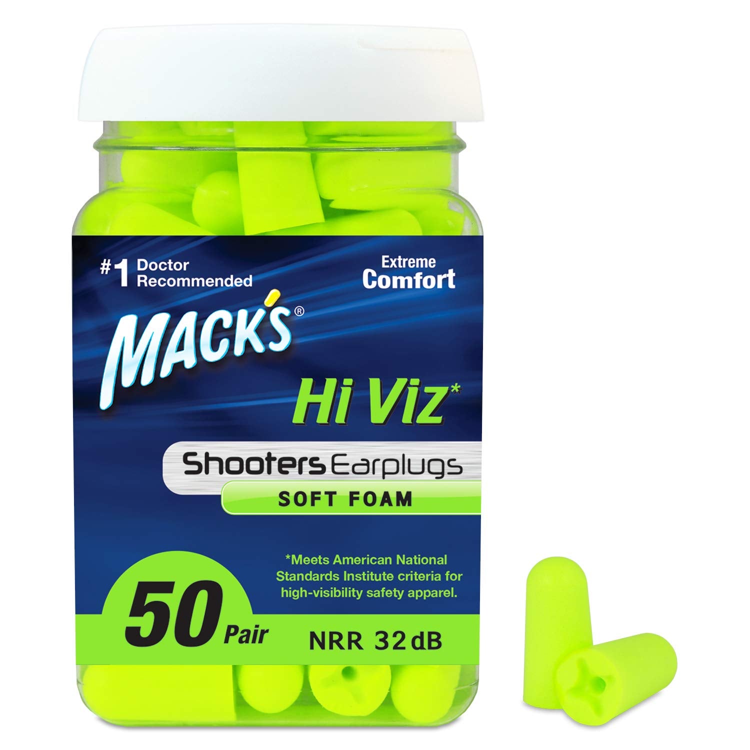 Macks Hi Viz Soft Foam Shooting Earplugs, 50 Pair - Most Visible Color, Easy Compliance Checks, 32dB High NRR - Comfortable, Sa