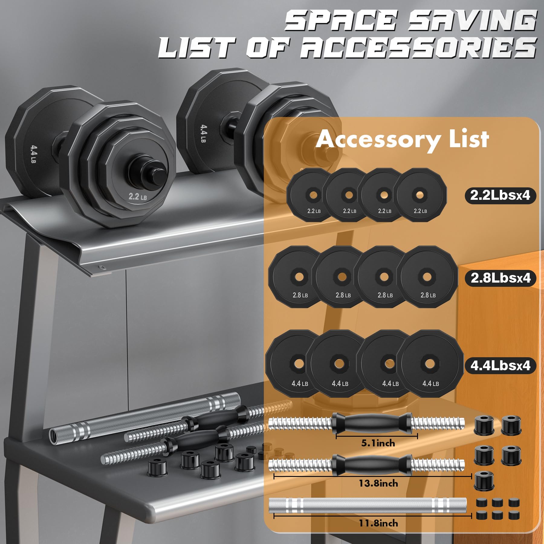 Kiss Gold Dumbbells Set, Adjustable Weights Dumbbell 22Lb/44Lb/66Lb With Solid Steel, Barbell Free Weight Set With Connector Wor
