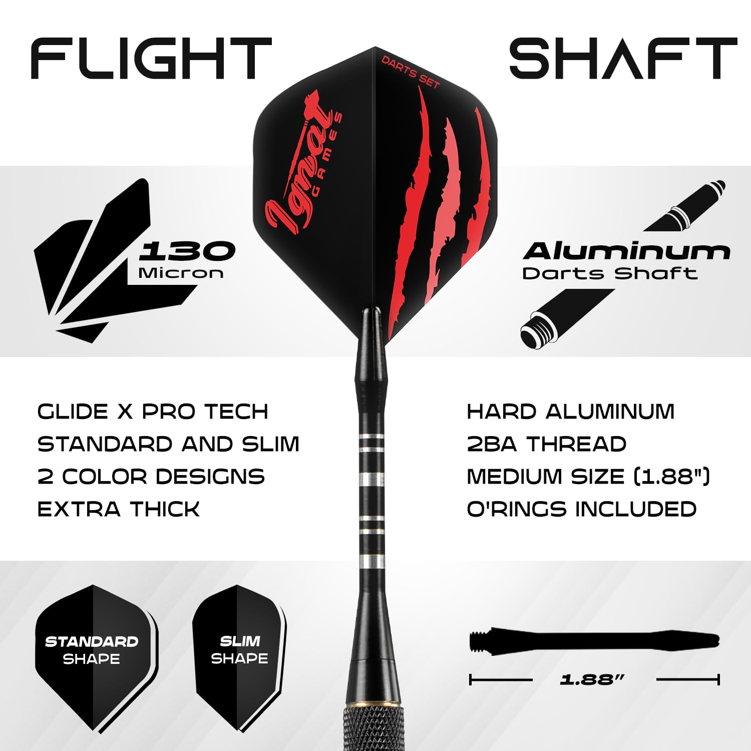 Ignatgames Darts Metal Tip Set - 6 Pcs Professional Brass Steel Tip Darts With Twinforce Shafts, 16 Pcs Thick Flights + Custom D