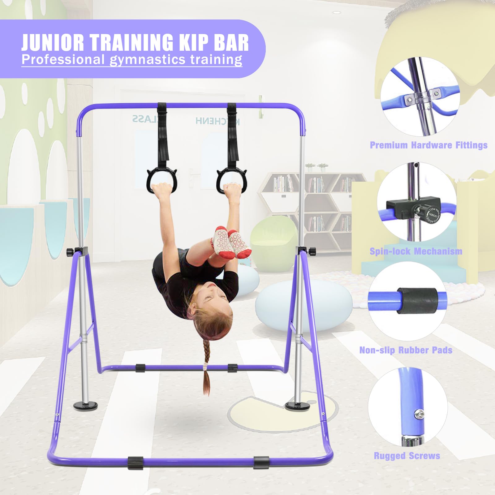 Beeyeo Gymnastic Bars, Folding Horizontal Bars With Rings, Adjustable Height Junior Training Bar Gymnastics Equipment For Home