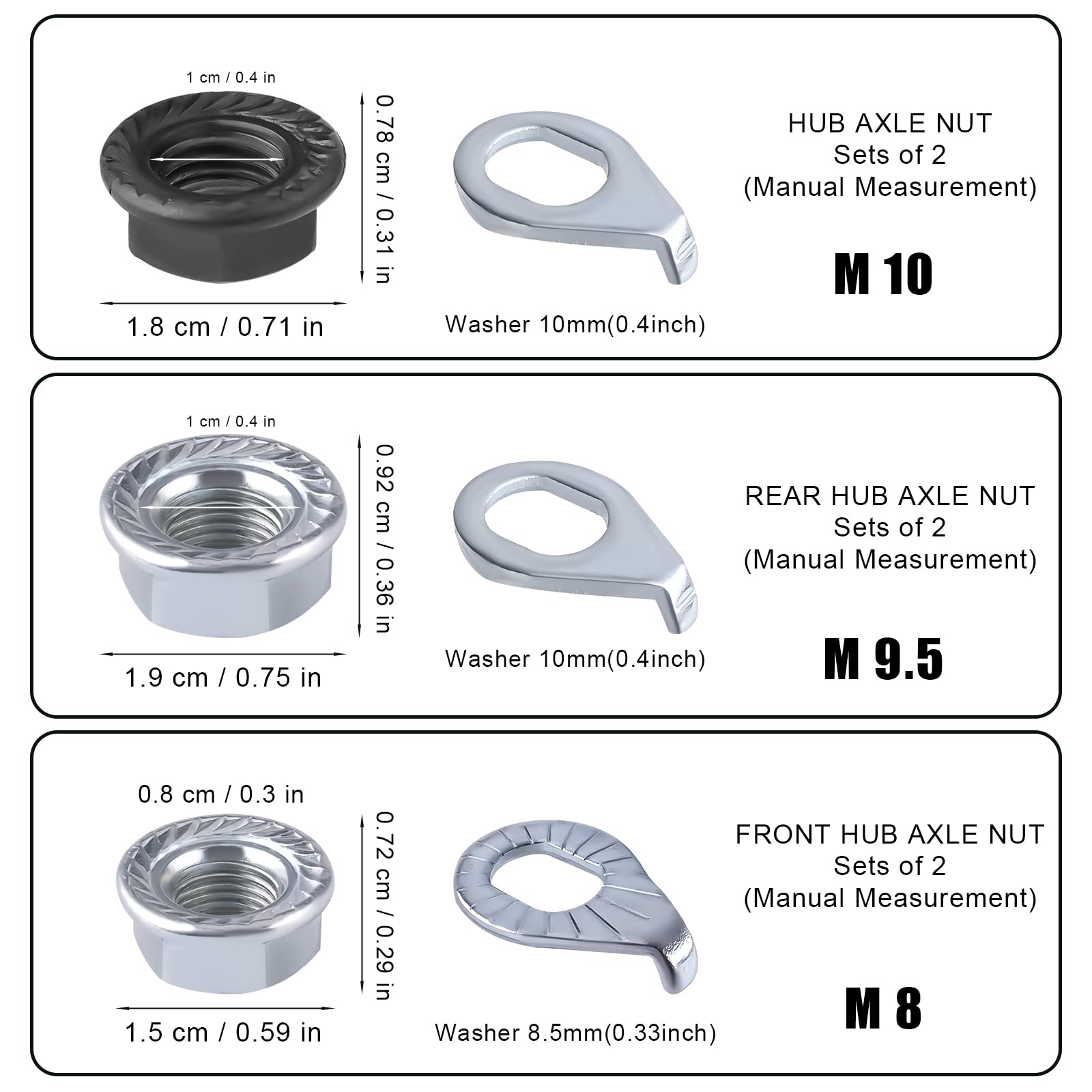 Savita 12Pcs Bike Wheel Axle Nut And Bicycle Hub Safety Washer Kit, Carbon Steel M8/M9.5/M10 Bicycle Hub Flanged Axle Nuts Bicyc