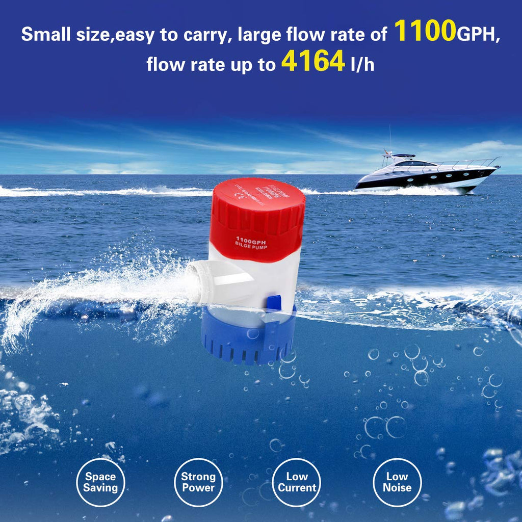 Maxzone Boat Bilge Water Pump 12V 1100Gph Non-Automatic Marine Electric Bilge Pump For Ponds, Pools, Spas Silent, Boat Caravan R