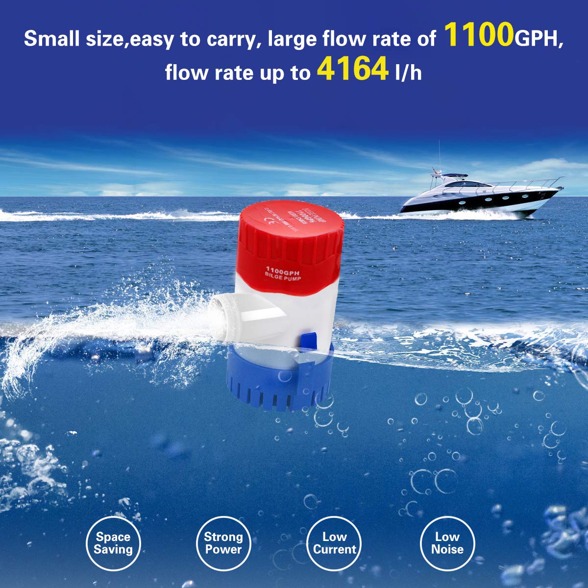 Maxzone Boat Bilge Water Pump 12V 1100Gph Non-Automatic Marine Electric Bilge Pump For Ponds, Pools, Spas Silent, Boat Caravan R