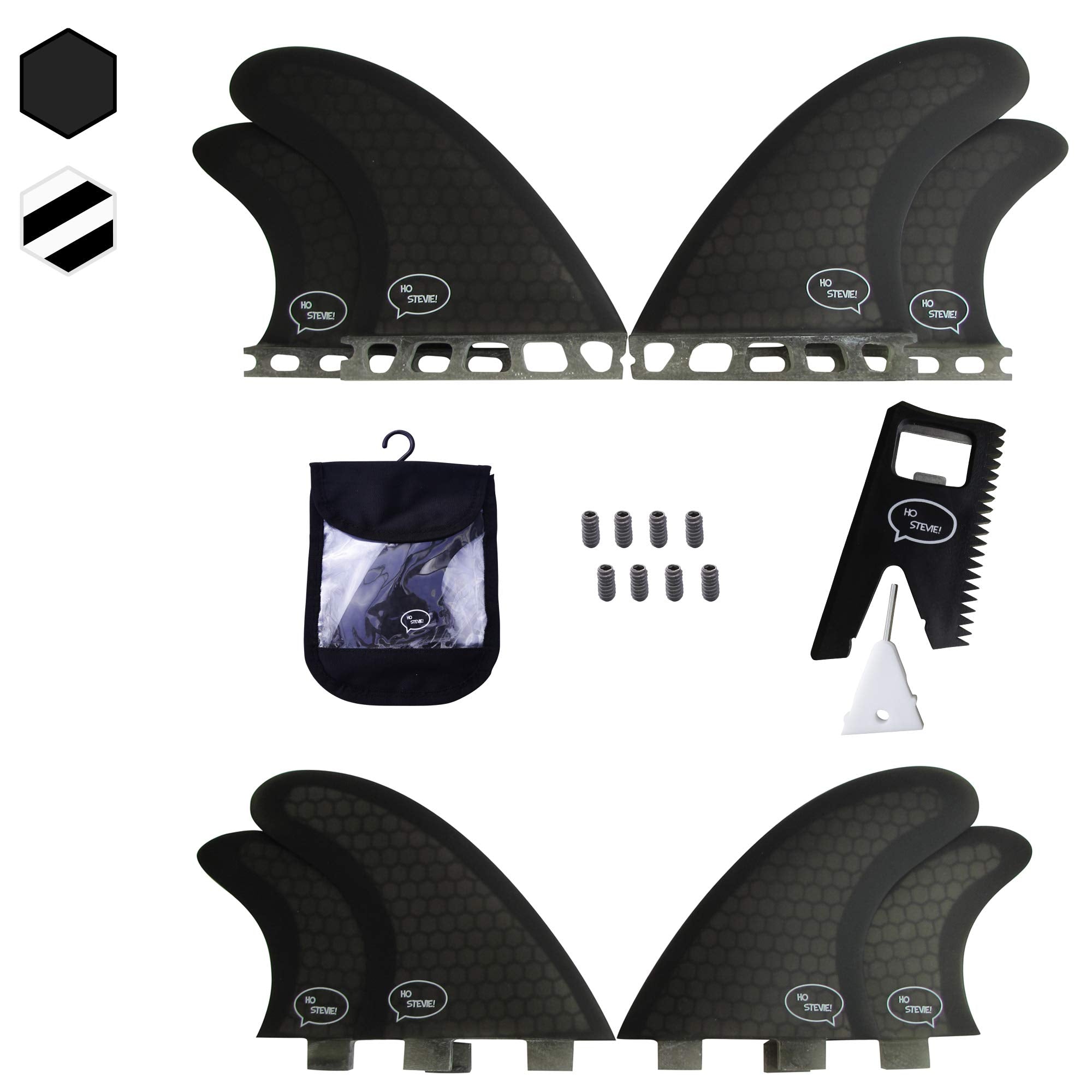Ho Stevie! Quad Surfboard Fins (4 Fins) - Twin Tab or Single Tab Sizes, with Fin Bag, Screws, Wax Comb and Fin Key (Black, Singl