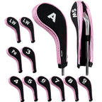 Andux Number Print Golf Iron Club Head Covers Long Neck With Zipper 12Pcs/Set Black/Pink