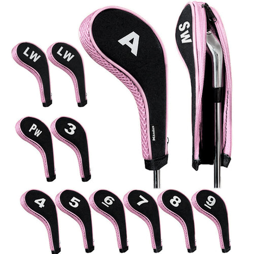Andux Number Print Golf Iron Club Head Covers Long Neck With Zipper 12Pcs/Set Black/Pink