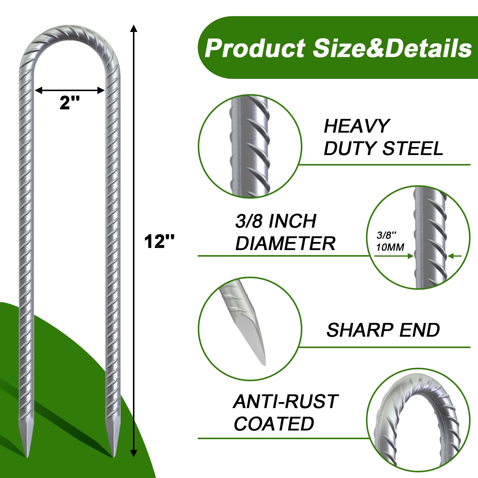 Aagut 12 Inch Trampoline Stakes 6 Pack U Shaped Rebar Ground Anchors Heavy Duty High Winds Galvanized Steel Trampolines Accessor
