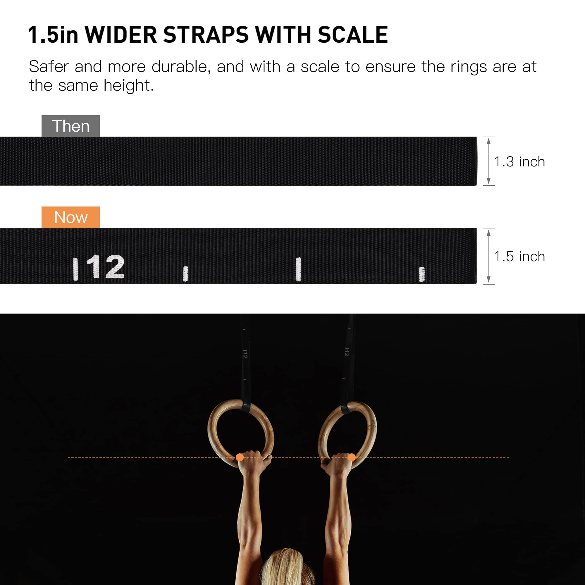 Pacearth Gymnastics Rings, Olympic Exercise Rings With Adjustable Cam Buckle 14.76Ft Long Straps With Scale Exercise Rings Non-S