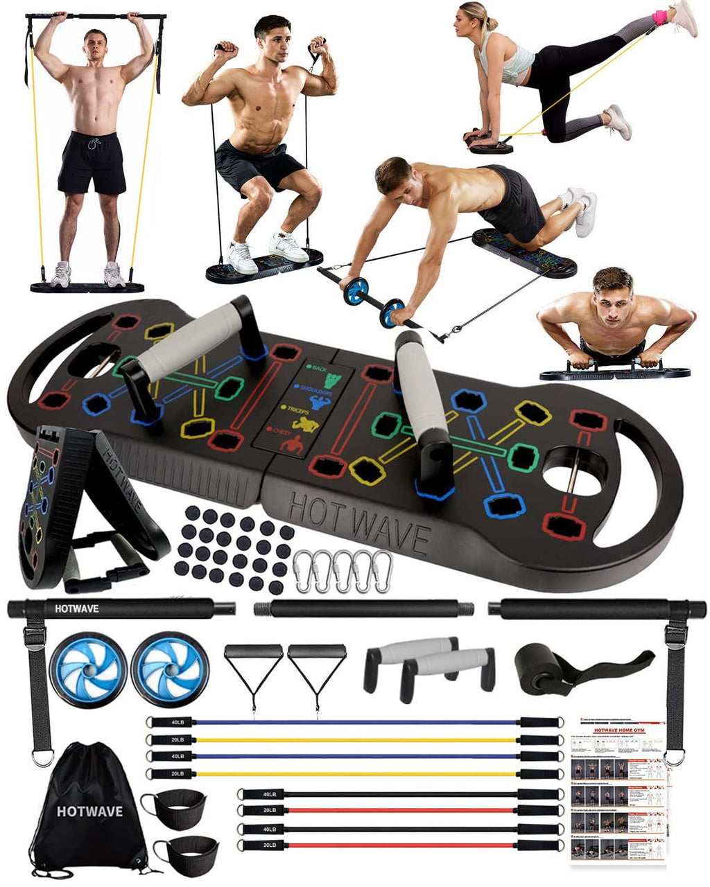 HOTWAVE Portable Exercise Equipment with 18 Gym Accessories.20 in 1 Push Up Board Fitness,Resistance Bands with Ab Roller Wheel,