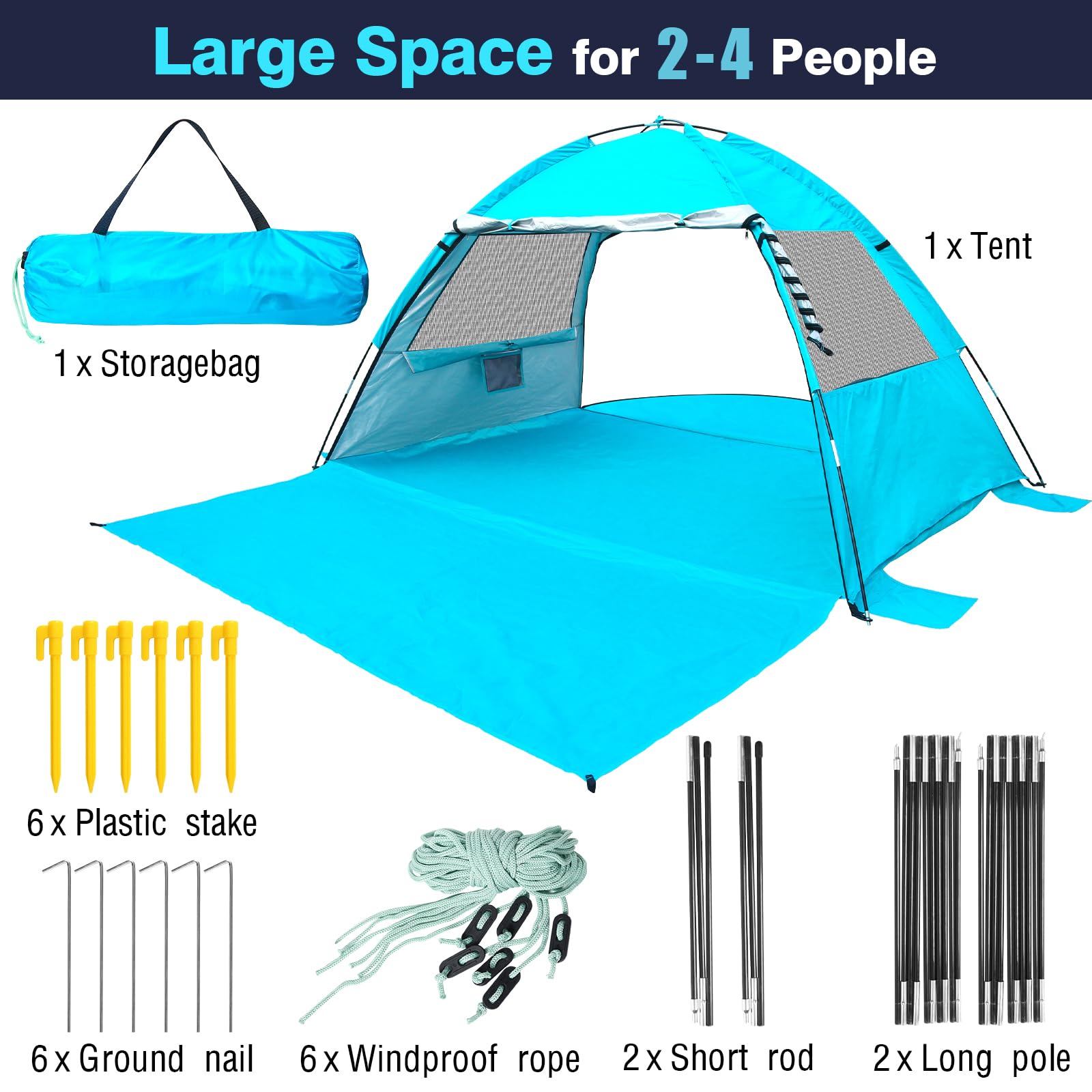 Dlucky Beach Tent For 2/3-4/5 Person,Anti-Uv Portable Sun Shade Shelterupf 50+,Both Sides Extendable Floor,Extendable Awning,Wit