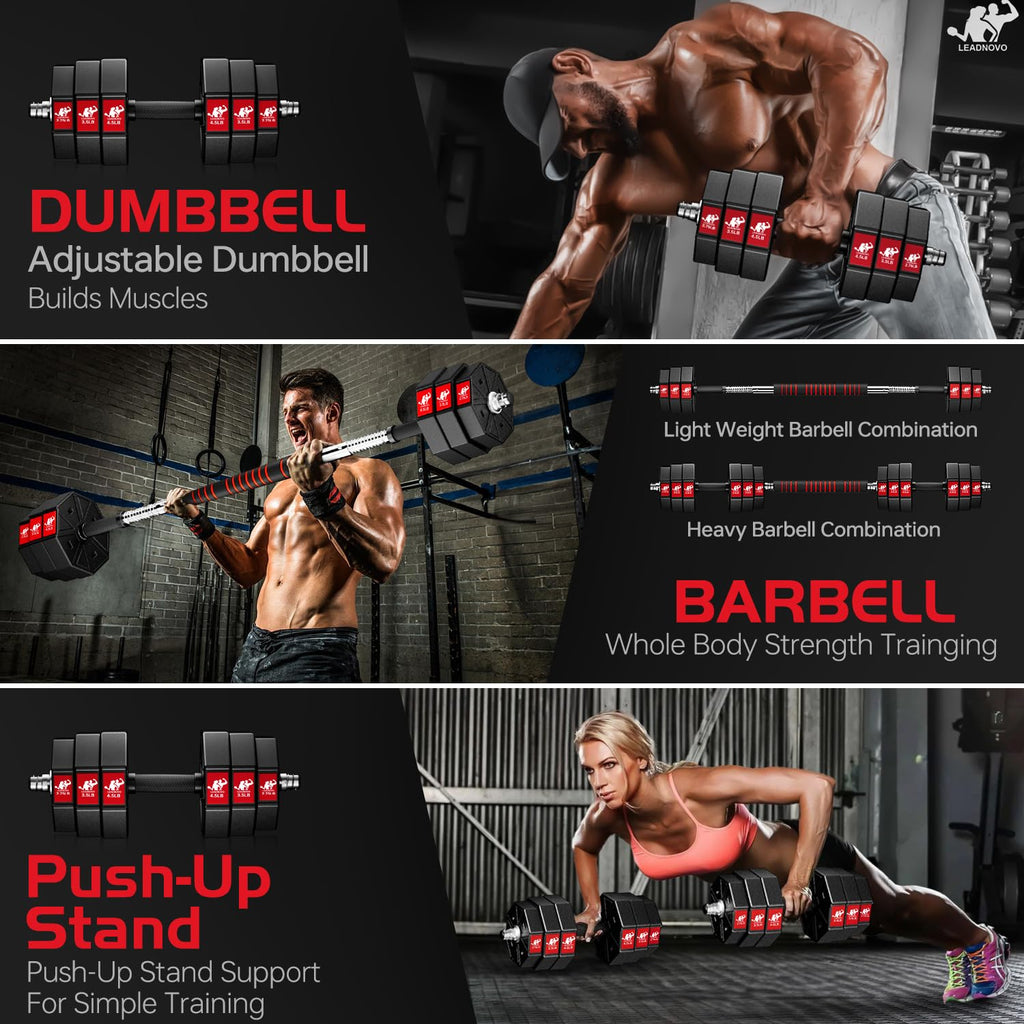 Leadnovo Dumbbells , 44Lbs 66Lbs 88Lbs 3 In 1 Adjustable Barbell, Home Fitness Weight Set Gym Workout Exercise Training With Con