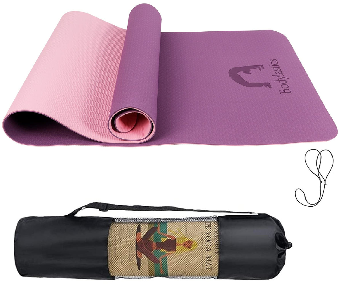 Bodylastics Yoga Mat for Men and Women with Carry Bag TPE 6ft x 2ft x 6mm Large Size Anti Slip & Anti Tear Workout Mat (Purple/P