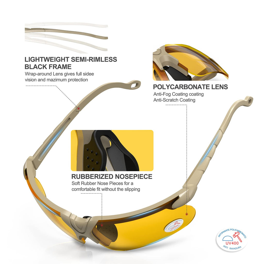 Xaegistac Shooting Glasses With Case Anti Fog Hunting Safety Glasses For Men Women (Yellow Lens-Khaki Frame)