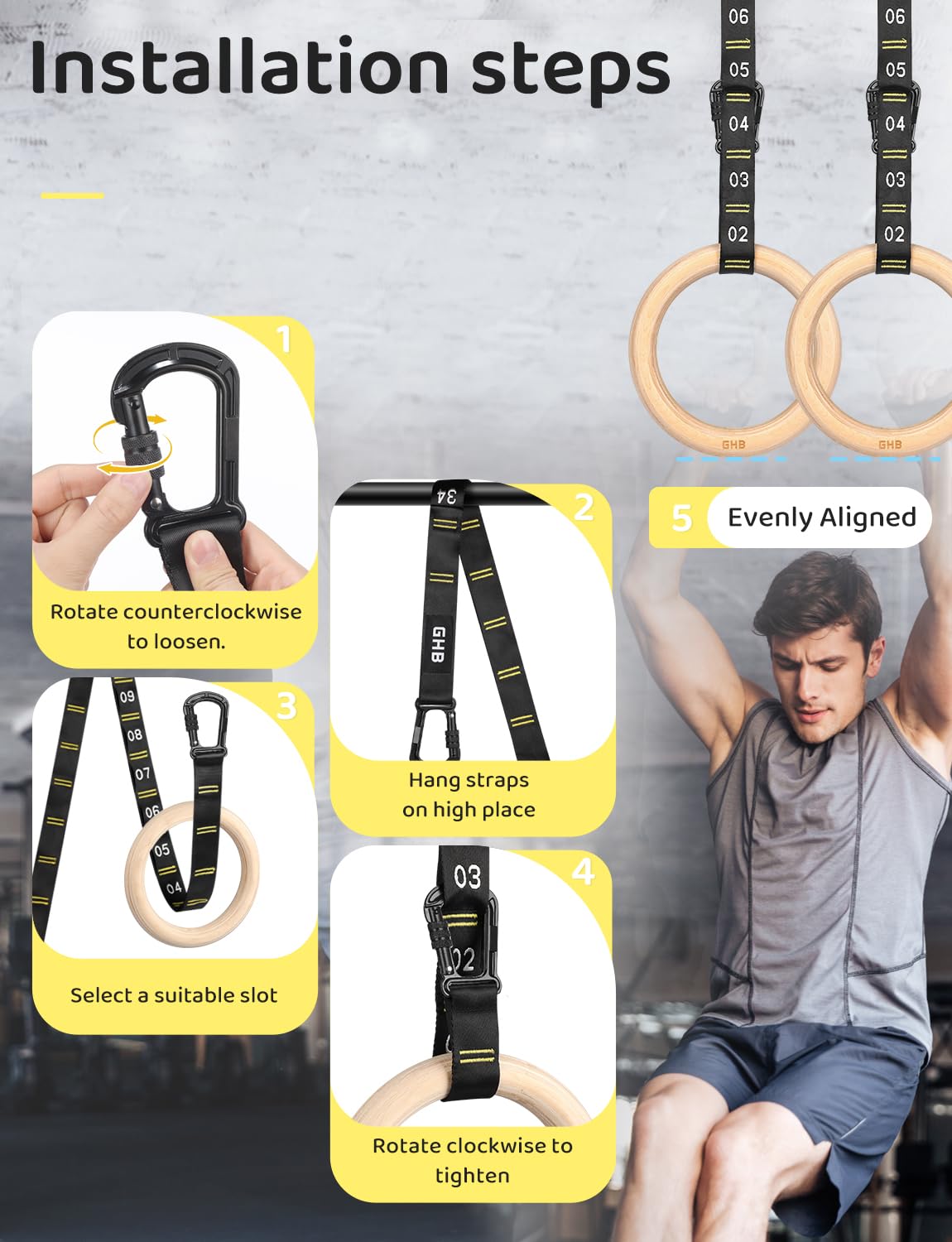 Ghb Gymnastic Rings Wooden Gym Rings 1.25'' Olympic Rings Adjustable Numbered Straps Pull Up Rings Sets For Workout Bodyweight F