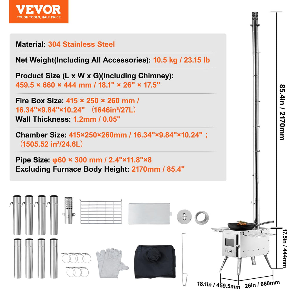 Vevor Camping Wood Stove Stainless Steel Camping Tent Stove, Portable Wood Burning Stove With Chimney Pipes & Gloves, 1646Infire