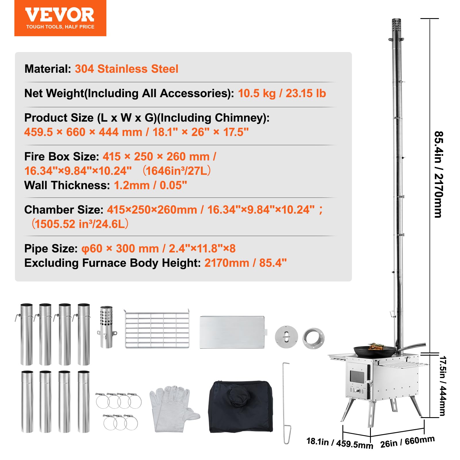 Vevor Camping Wood Stove Stainless Steel Camping Tent Stove, Portable Wood Burning Stove With Chimney Pipes & Gloves, 1646Infire