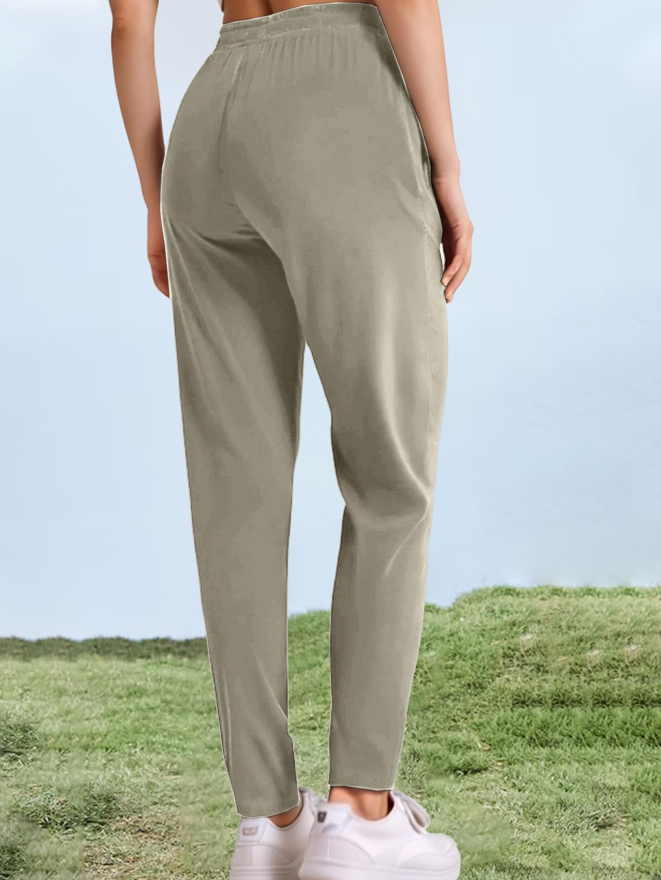 Hidkat Womens Sports Jogging Pants with Zipper Pocket Womens Hiking Fitness Tracking Workout Pants Khaki