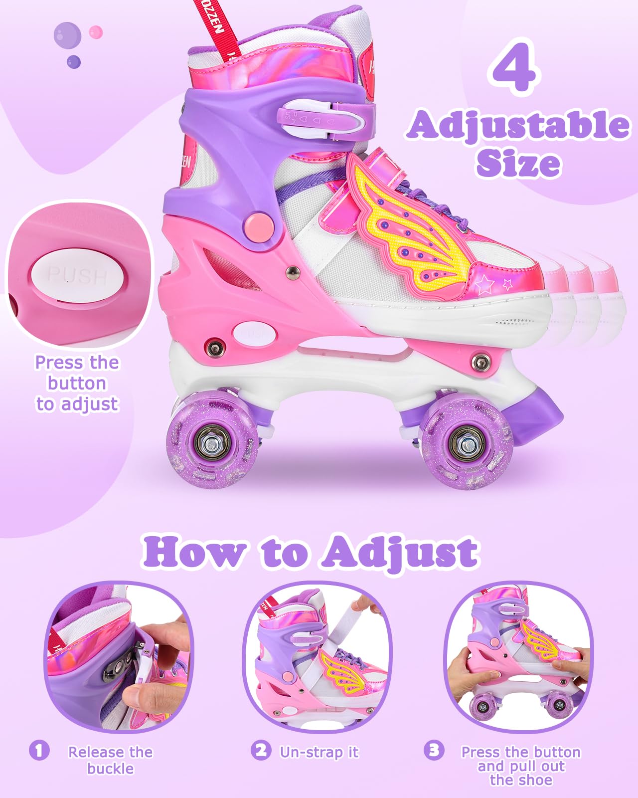 Hozzen Kids Roller Skates For Girls - Led Light Up Girl Roller Skates For Kids (9C-6Y) With Storage Bag, 4 Sizes Adjustable,Unic