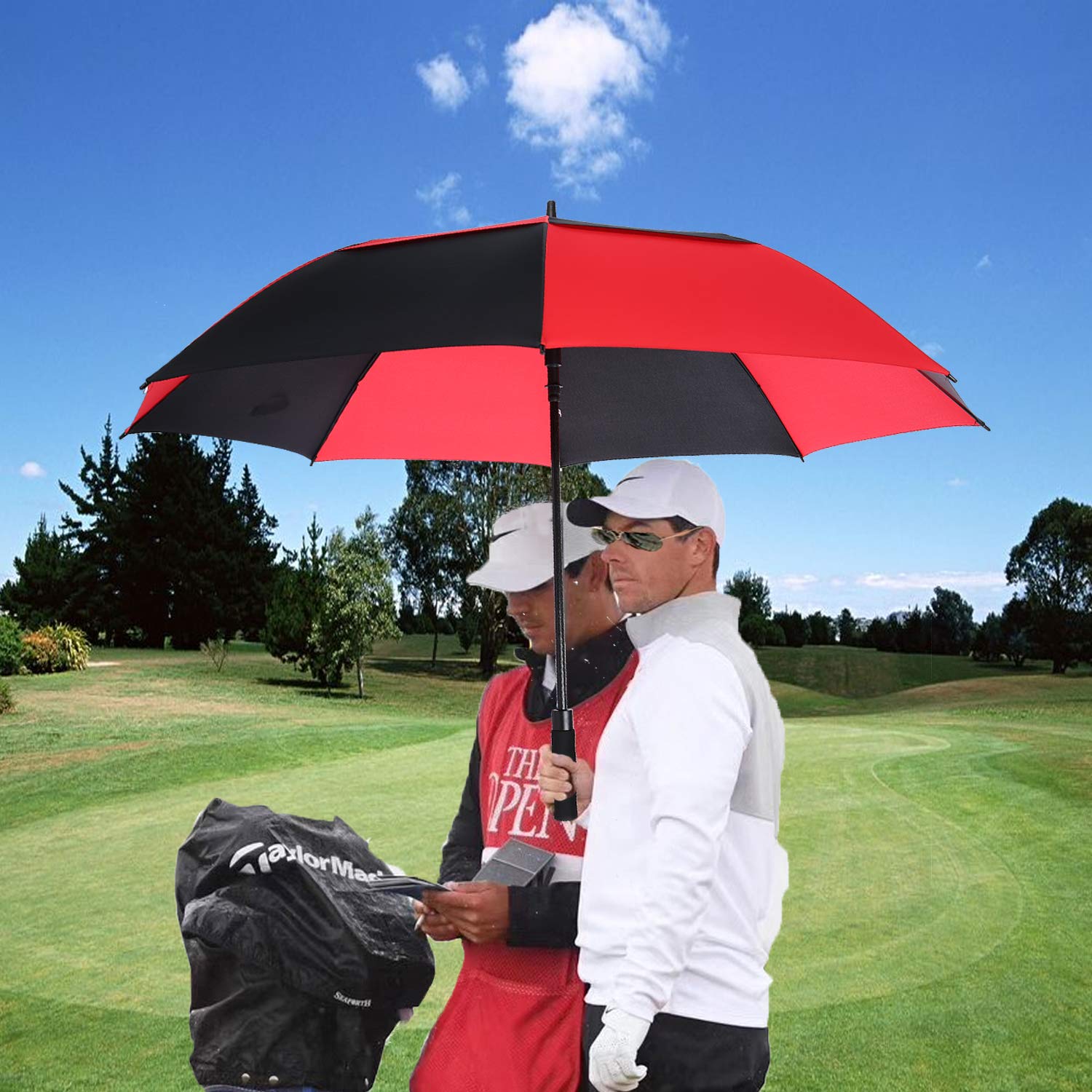Mrtlloa 72 Inch Automatic Open Red/Black Golf Umbrella, Extra Large Oversize Double Canopy Vented Windproof Waterproof Stick Umb