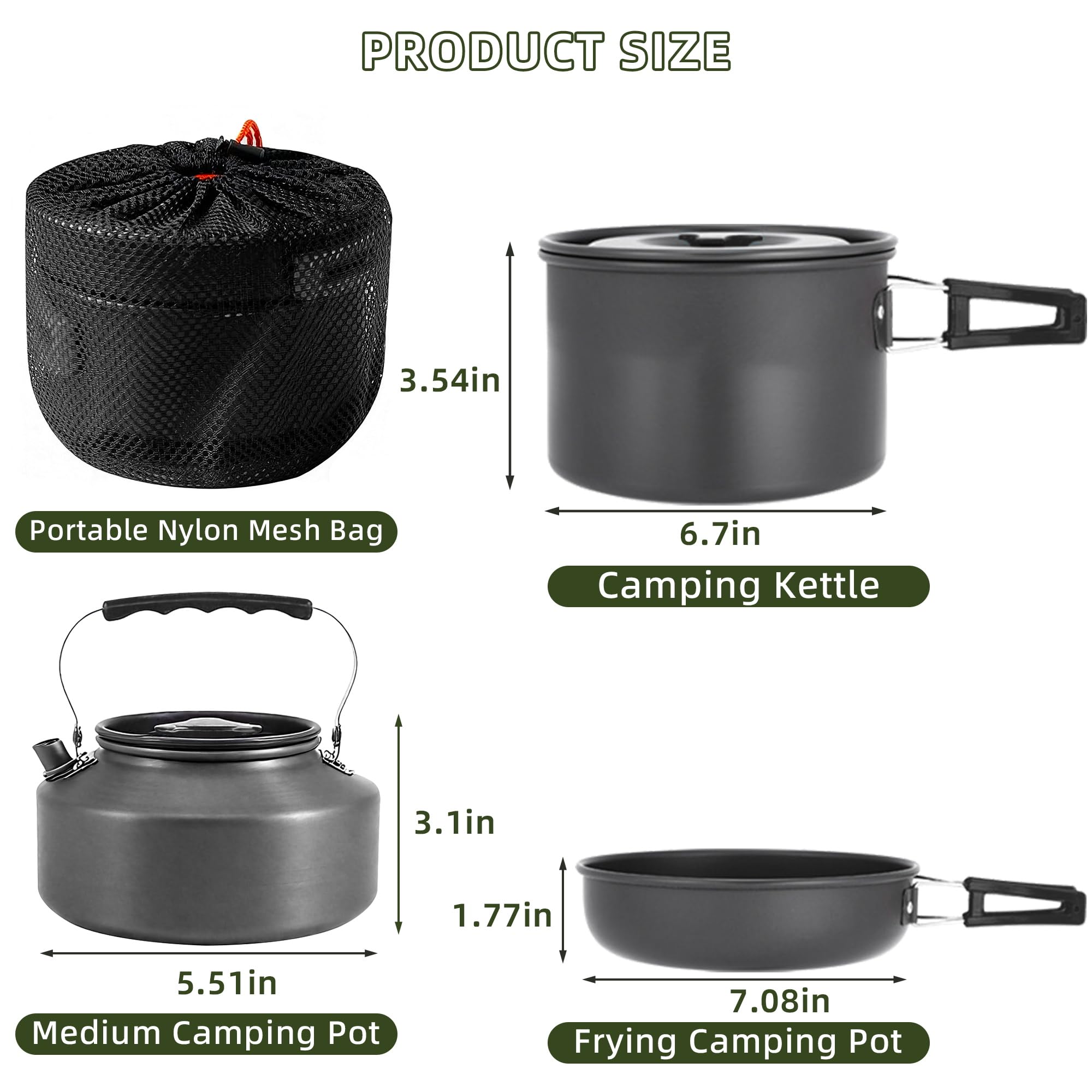 Aigear 3Pcs Camping Cookware Mess Kit, Non-Stick Camping Pan Pot Kettle, Lightweight Aluminum, Collapsible Portable Camping Cook
