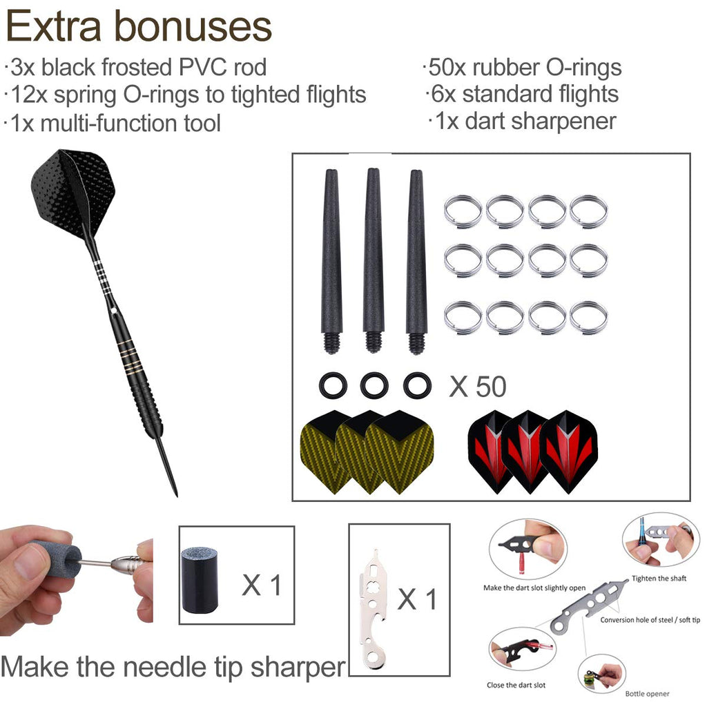 Steel Tip Darts Set For Dartboard, Professional Darts With Metal Tip 23 Grams, Brass Barrel + Black Aluminium Nylon Shafts 9 Fli