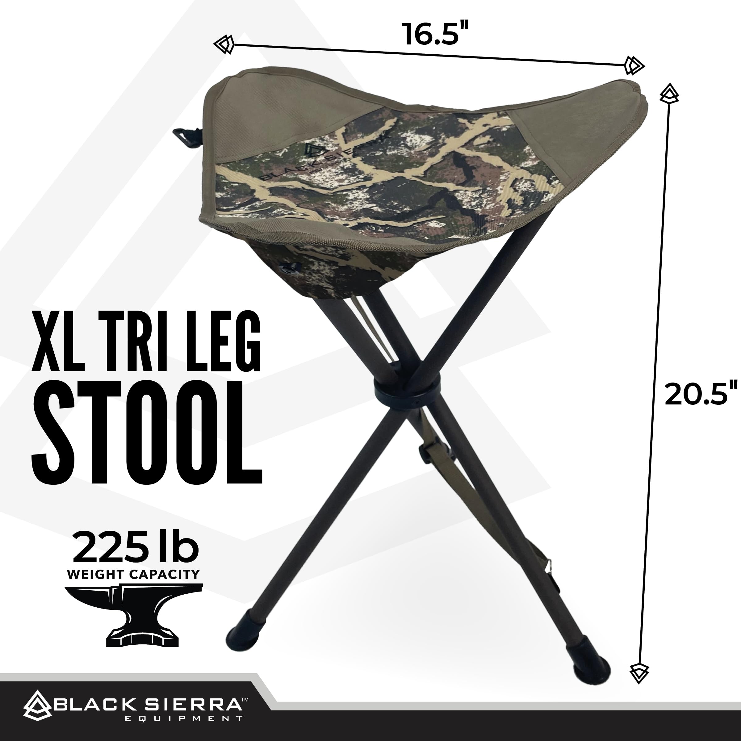 Black Sierra Folding Hunting Stool W/Shoulder Strap Supports 225 Lbs, Lightweight Collapsible Tripod Seat, Foldable Steel Frame
