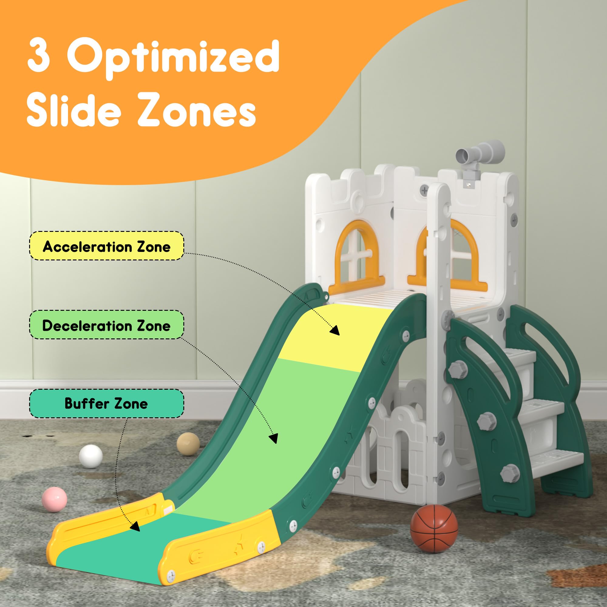 LulliSpace 6 in 1 Toddler Slide,Kids Playset for Toddlers Indoor Outdoor, Baby Slide with Basketball Hoop, Telescope & Storage S