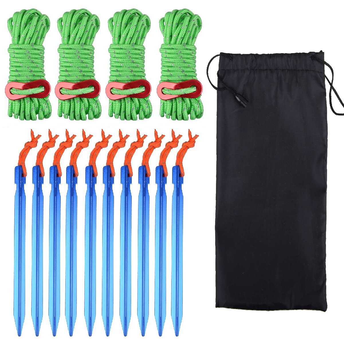 Triwonder Aluminum Tent Stakes Pegs & Reflective Guylines With Tent Cord Tensioners For Camping, Hiking, Backpacking (Green)