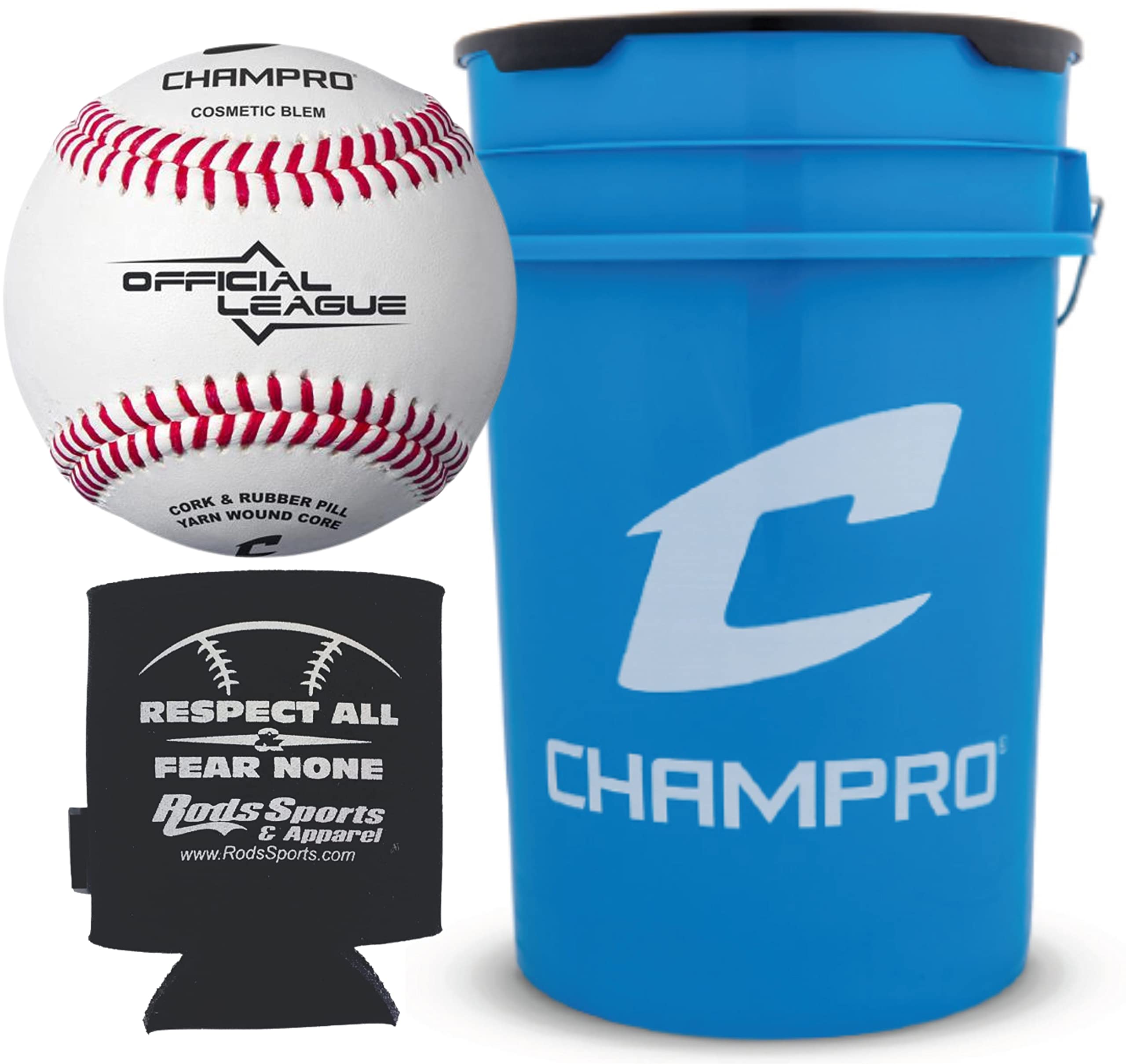 Champro CBB-200D Full Grain Leather Cover Baseballs with Cosmetic Blem in a Optic Blue Bucket - 30 Balls and one Rods Can Sleeve