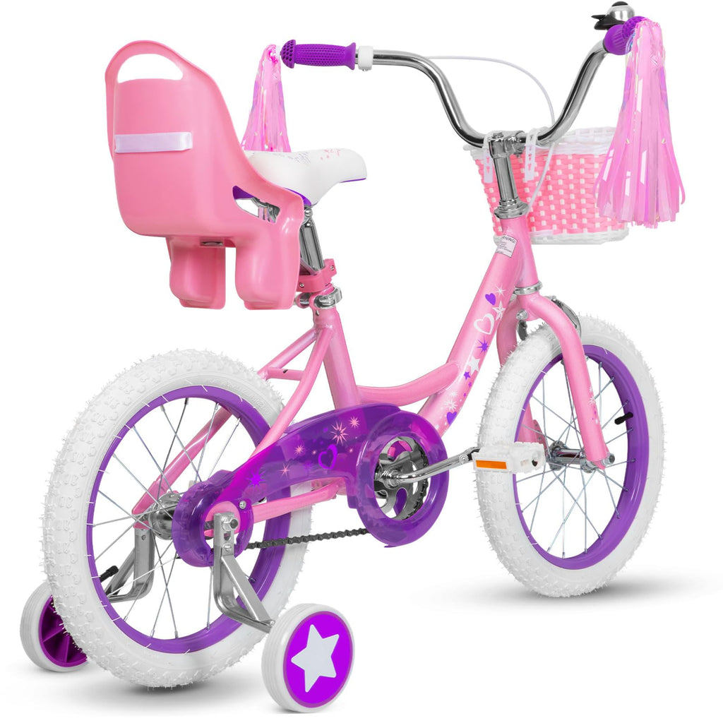 Weize Girls Bike For 3-5 Years Old Kids, 14 Inch Kids Bike With Training Wheels, Streamers, Basket And Doll Seat, Children Bicyc