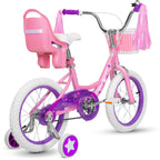 Weize Girls Bike For 3-5 Years Old Kids, 14 Inch Kids Bike With Training Wheels, Streamers, Basket And Doll Seat, Children Bicyc