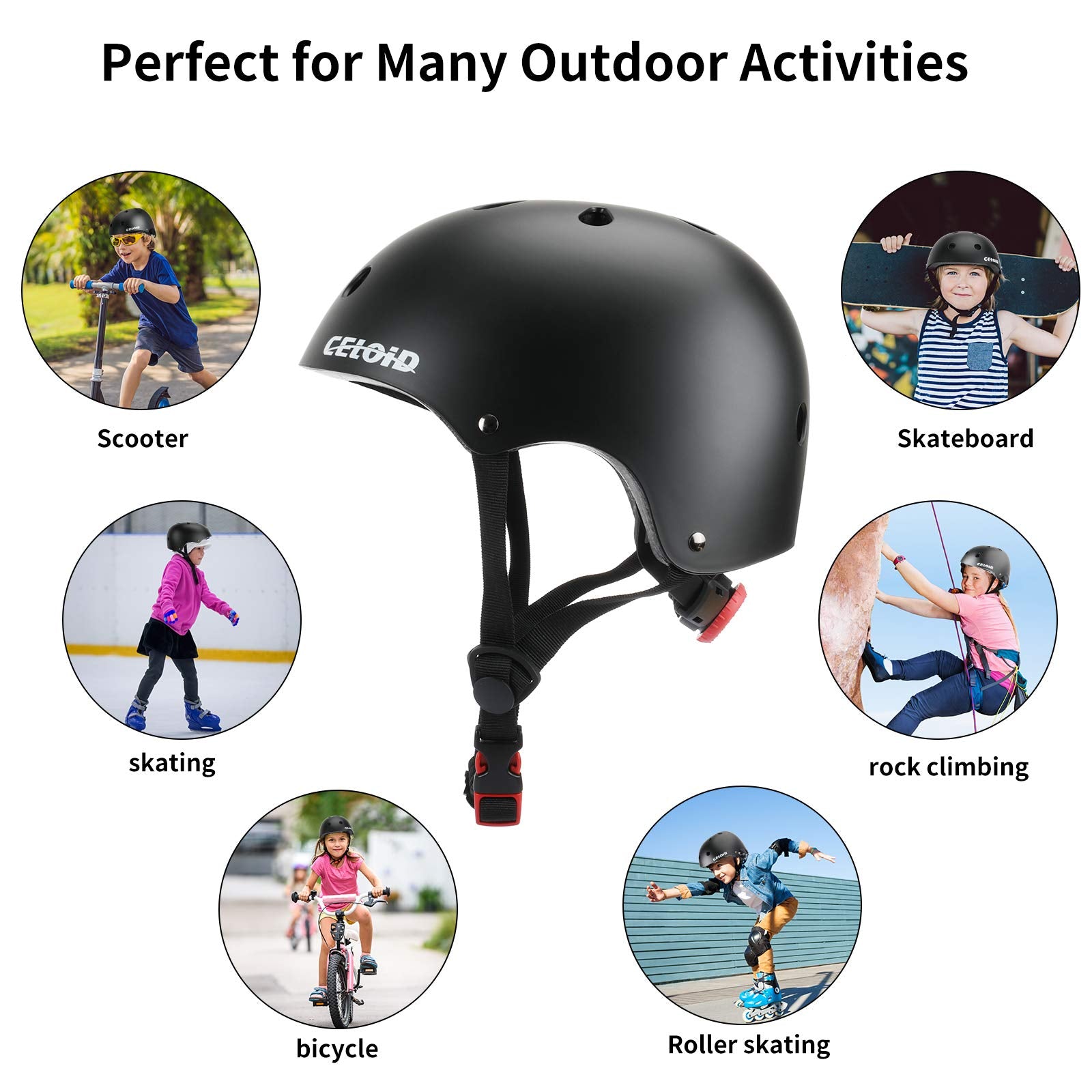 Celoid Kids Helmet Pad Set,Adjustable Kids Skateboard Bike Helmet Knee & Elbow Pads Wrist Guards 5-8 Years Kids Protective Gear