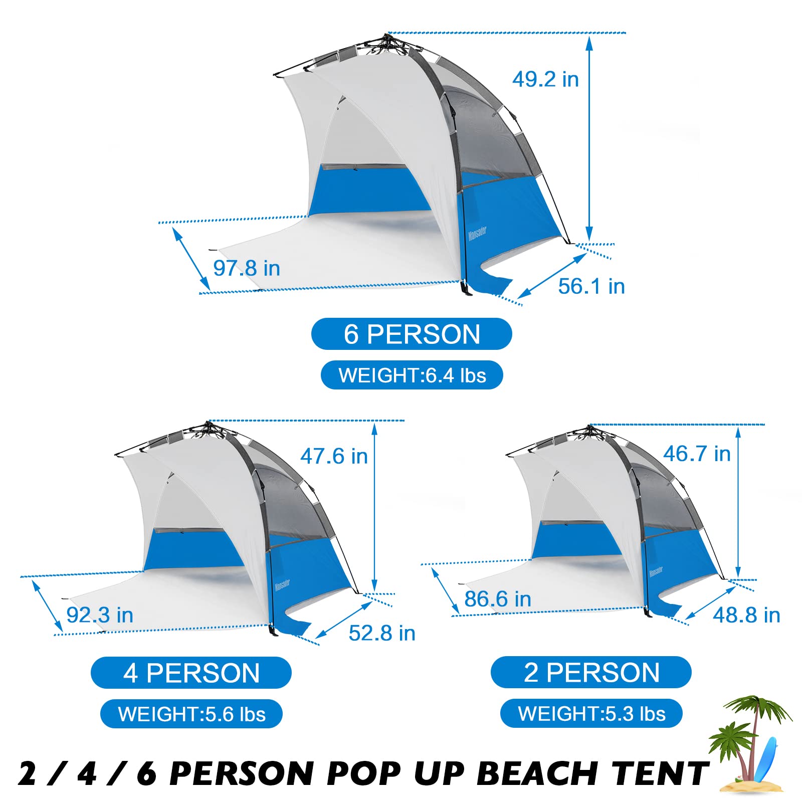 Mansader 6 Person Large Instant Pop Up Beach Tent, Uv Protection Portable Easy Setup Sun Shade Shelter For Whole Family, Extende
