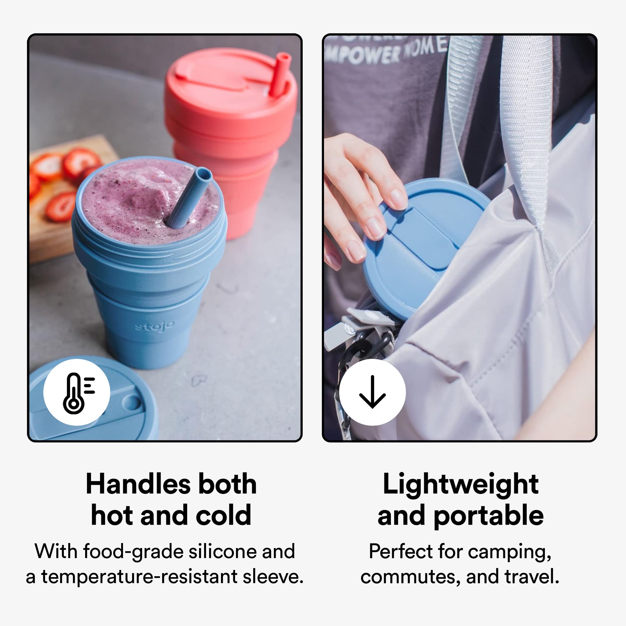 Stojo Collapsible Travel Cup With Straw - Steel Blue, 16Oz / 470Ml - Reusable To-Go Pocket Size Silicone Bottle For Hot And Cold