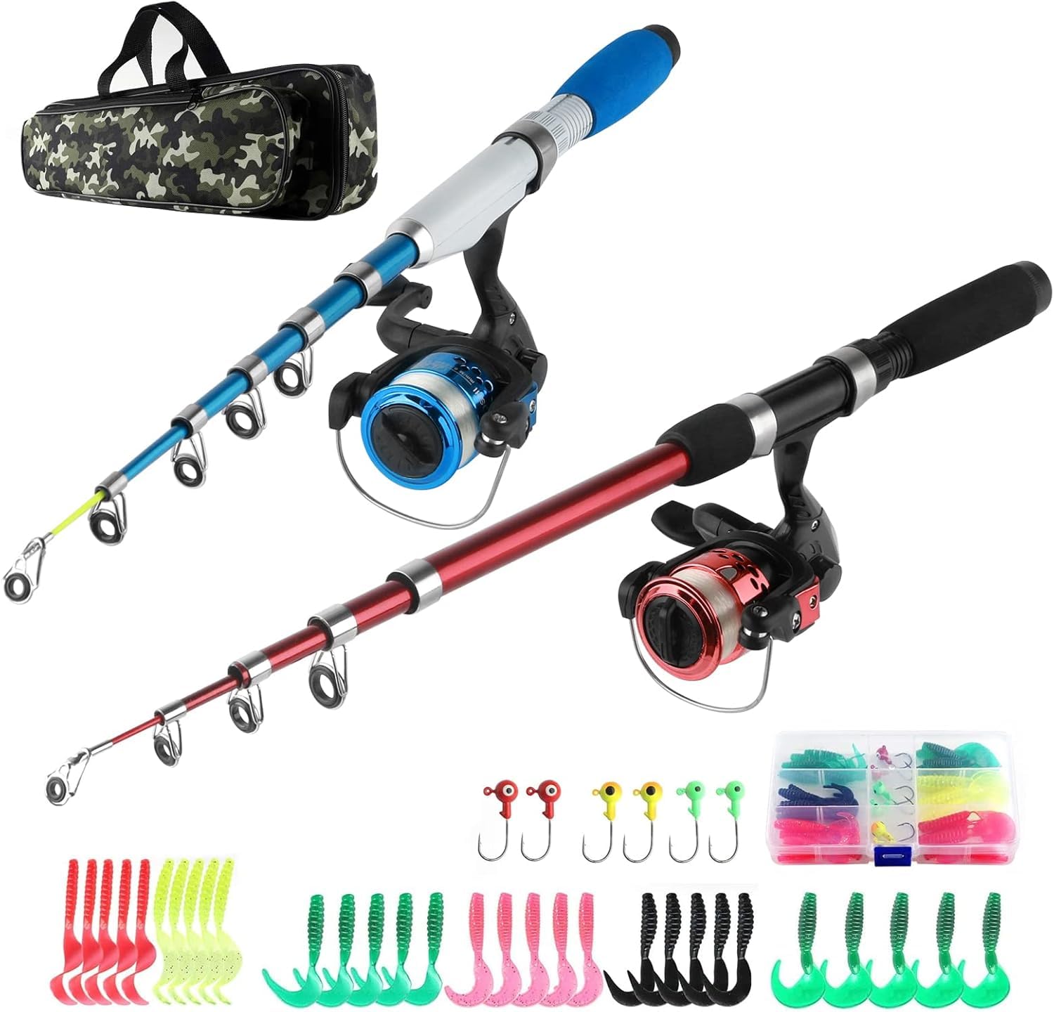 Fishing Rod And Reel Combos Collapsible Fishing Rod Kit,2Pcs Telescopic Fishing Pole Kit,1.3M&1.6M Fishing Rods+2Pcs Spinning Re