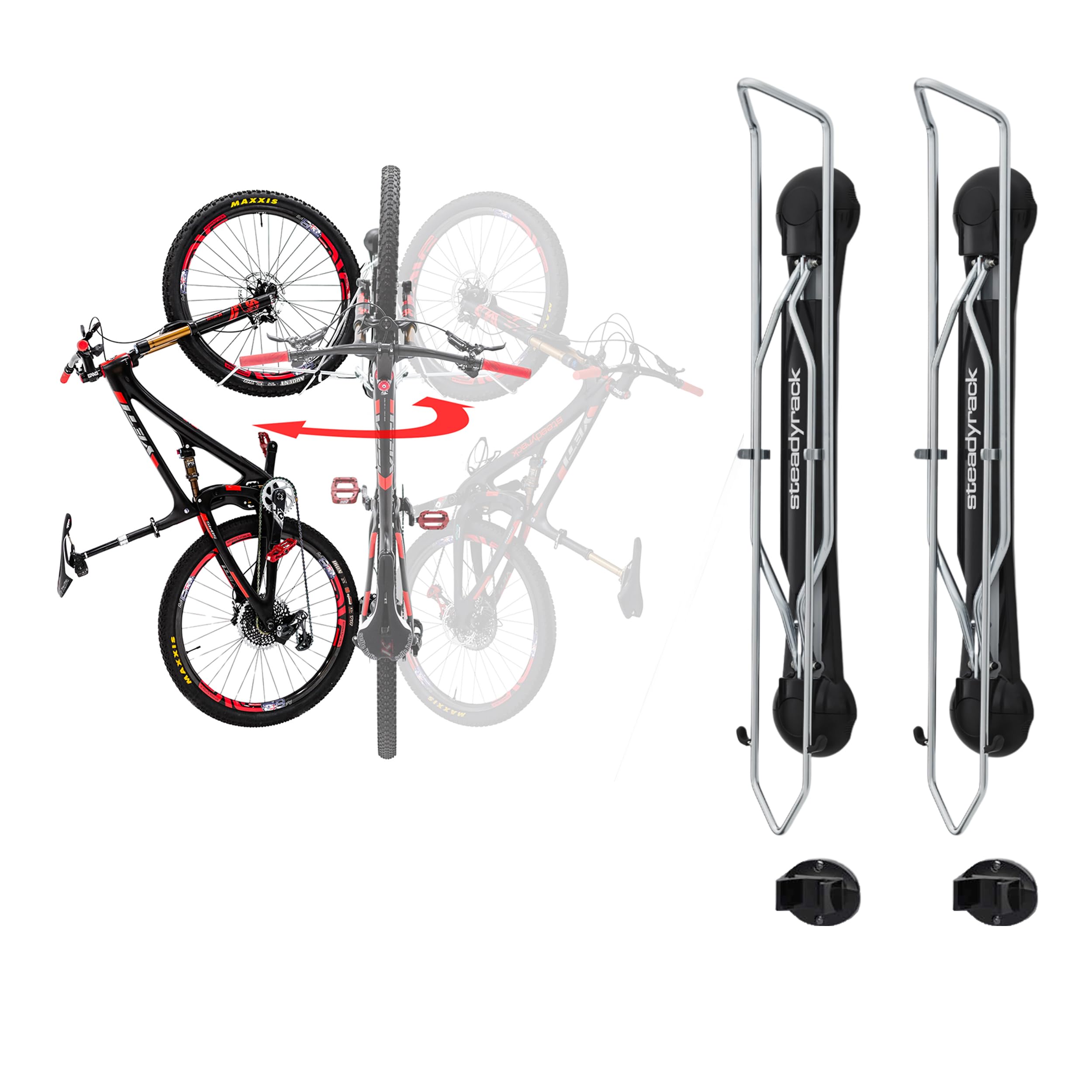 Steadyrack Bike Rack - Pivoting Mountain Bike Rack, Holds Up 77lbs, Fits 20-29, 2.1-2.8 Tires, Foldable Wall Mount for Space-Sav