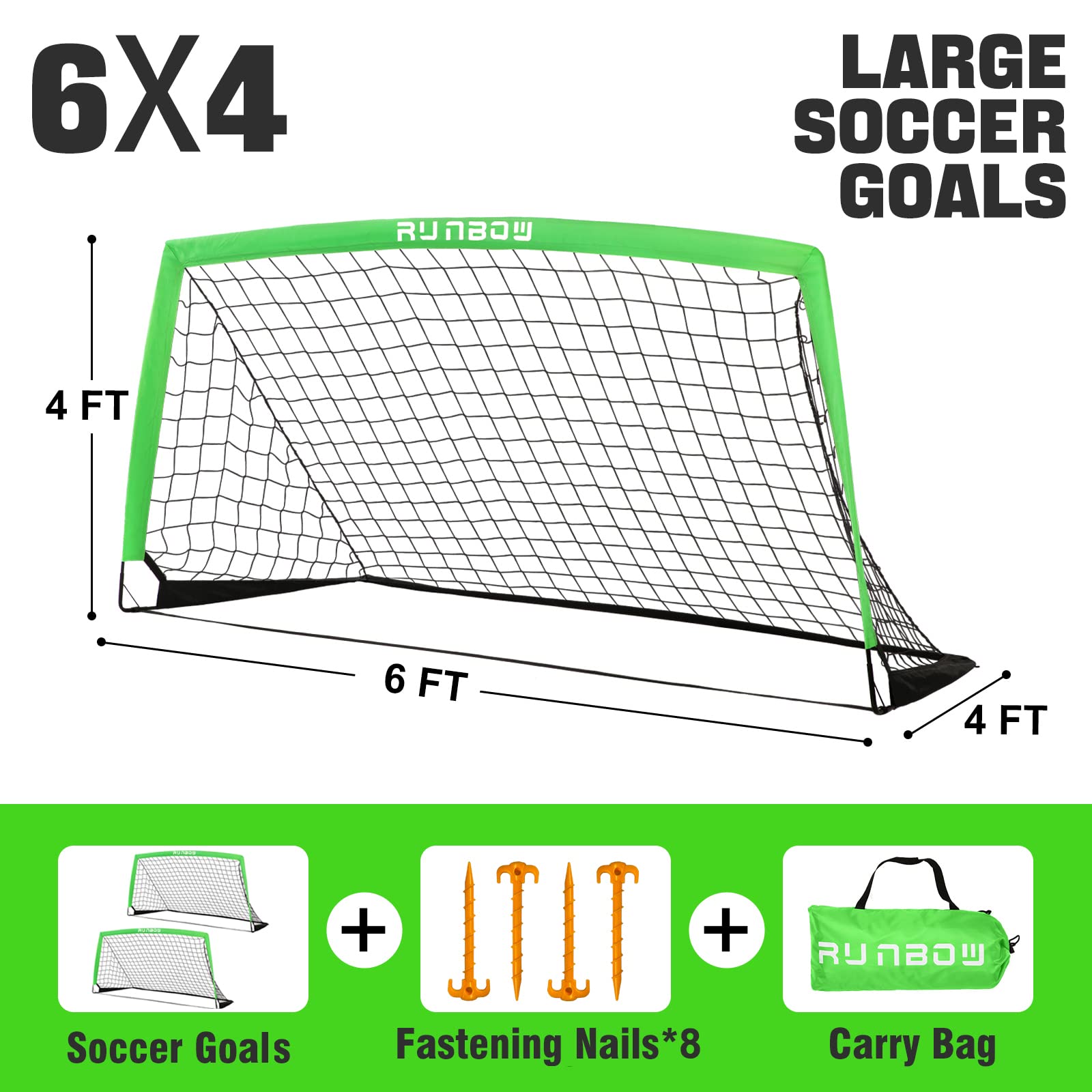 Runbow 6X4 Ft Portable Kids Soccer Goal For Backyard Practice Soccer Net With Carry Bag (6X4 Ft, Green, 2 Pieces)