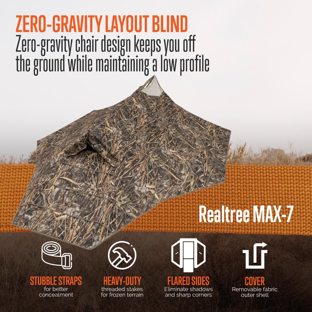ALPS OutdoorZ Zero-Gravity Layout Blind - Advanced Hunting Blind in Realtree MAX-7, with Flared Fabric, Heavy-Duty Stakes, Padde